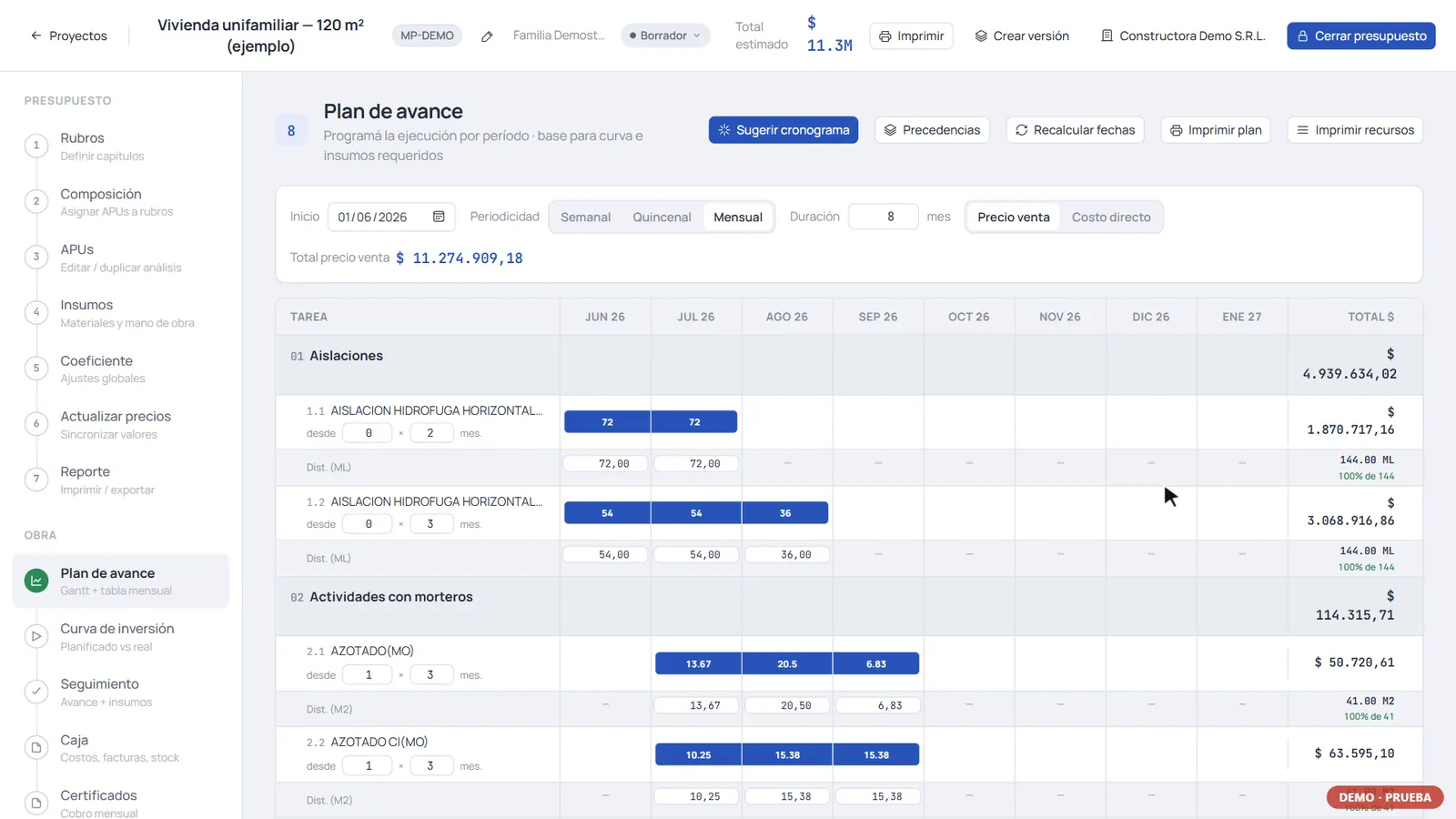 Plan de avance en diagrama de Gantt